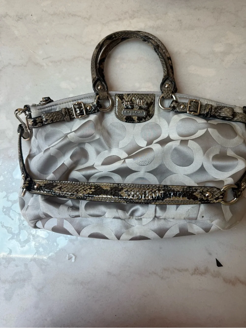 100% Authentic Coach Gray & Snake-Print Trim Satchel